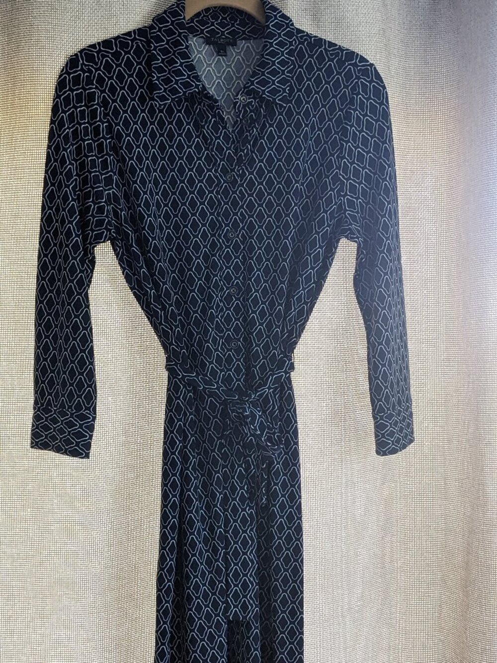 Talbots Petites, Navy and White patterned Mid Sleeve Collared Dress, Size Sp
